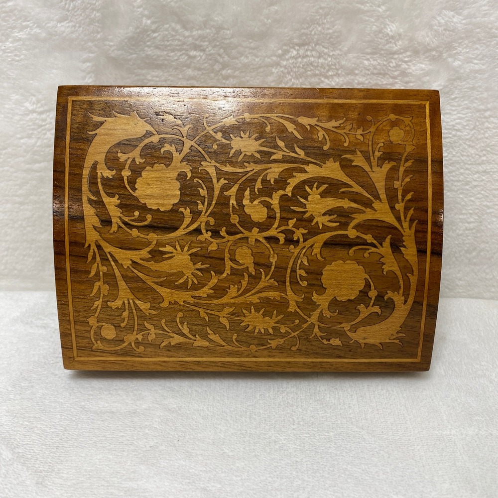 VTG Wooden Jewelry Trinket Box Intricate Floral Inlay Hinged Lidded Compartments